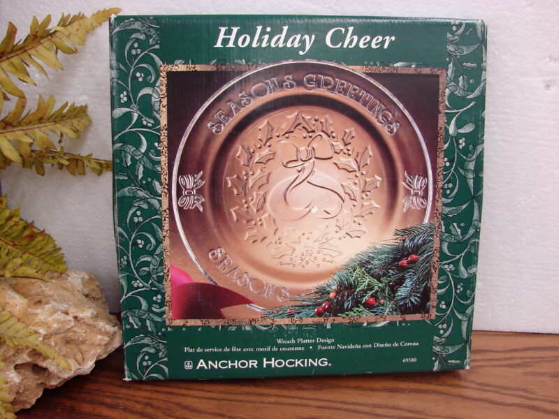 Vintage Anchor Hocking Holiday Cheer Wreath Design Platter 12&#8243; New in Box, Moose-R-Us.Com Log Cabin Decor