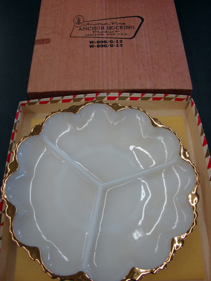 Vintage Anchor Hocking Milk Glass Gold Trim Round Divided Dish Original Box, Moose-R-Us.Com Log Cabin Decor