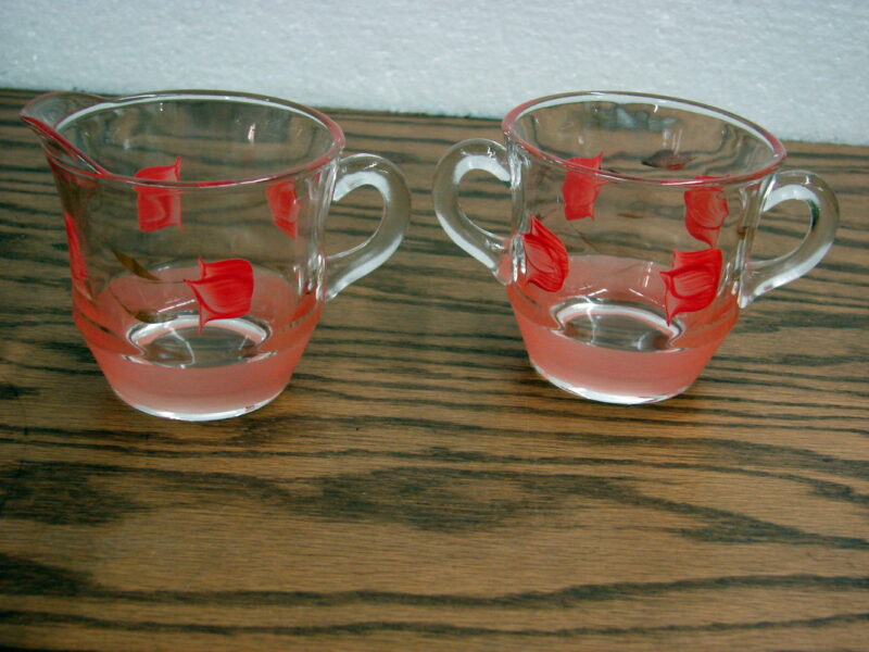 Vintage MCM Bartlett Collins Red Tulip Satin Blend Frosted Cream Sugar Set, Moose-R-Us.Com Log Cabin Decor