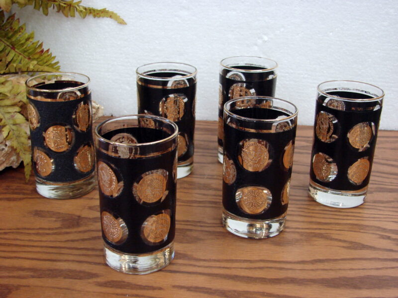 6 Vintage MCM Libbey Black Textured Gold Coin High Ball Glasses, Moose-R-Us.Com Log Cabin Decor