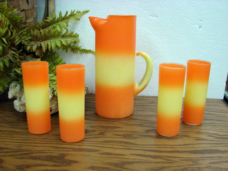 Vintage MCM Blendo West VA Bermuda Twist Candy Corn Pitcher Glass Set, Moose-R-Us.Com Log Cabin Decor