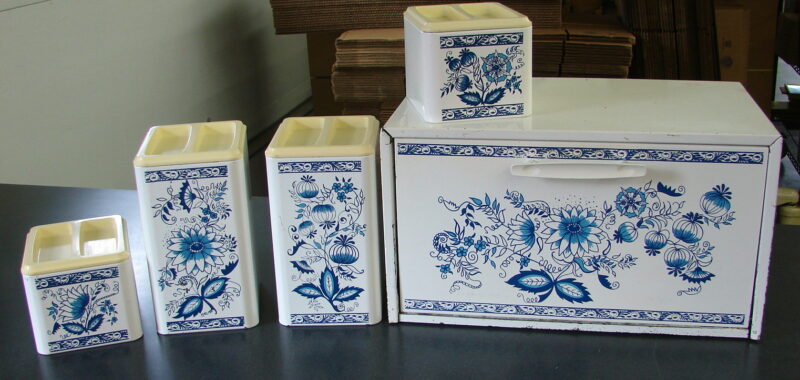 Vintage 5 pc Canister Bread Box Tin Danish Blue White Delft Swedish Style, Moose-R-Us.Com Log Cabin Decor