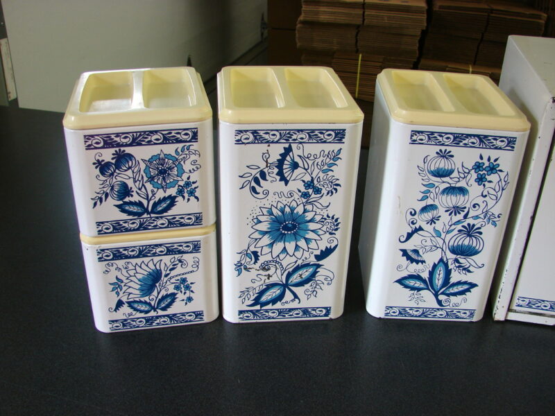 Vintage 5 pc Canister Bread Box Tin Danish Blue White Delft Swedish Style, Moose-R-Us.Com Log Cabin Decor