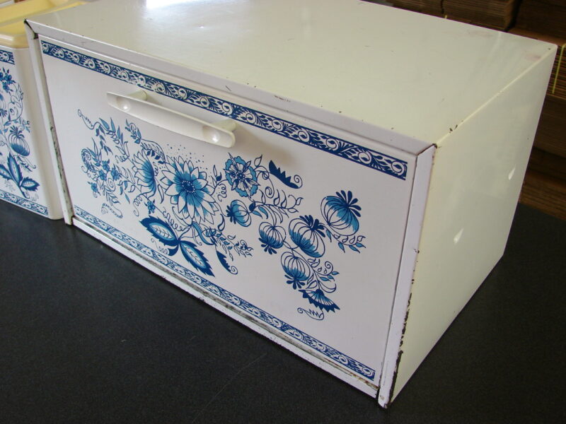 Vintage 5 pc Canister Bread Box Tin Danish Blue White Delft Swedish Style, Moose-R-Us.Com Log Cabin Decor