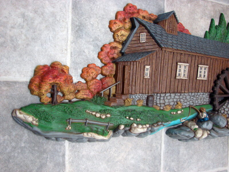 Vintage 1980 Burwood Products 3-D Wall Hanging Water Wheel Mill Autumn Trees, Moose-R-Us.Com Log Cabin Decor