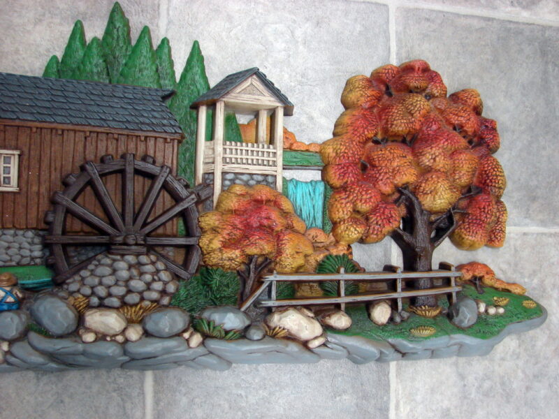 Vintage 1980 Burwood Products 3-D Wall Hanging Water Wheel Mill Autumn Trees, Moose-R-Us.Com Log Cabin Decor
