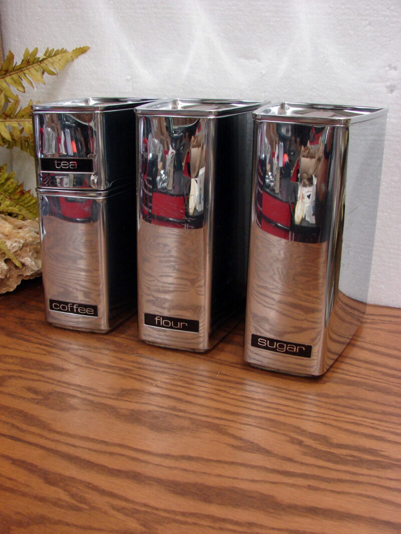 Vintage 4 pc Canister Set Lincoln Beautyware Chrome MCM Retro Stacking, Moose-R-Us.Com Log Cabin Decor