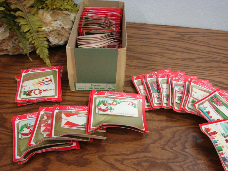 Vintage NOS Dennison Tie On Christmas Gift Tag Lot Ephemera 500+ Pcs, Moose-R-Us.Com Log Cabin Decor