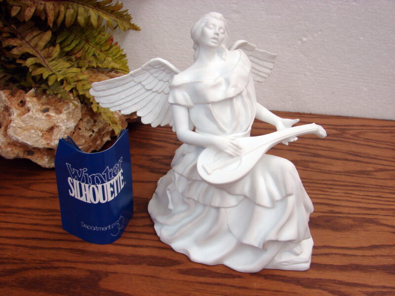 Retired Dept 56 Winter Silhouette Large Angel w/ Mandolin White Porcelain Box, Moose-R-Us.Com Log Cabin Decor