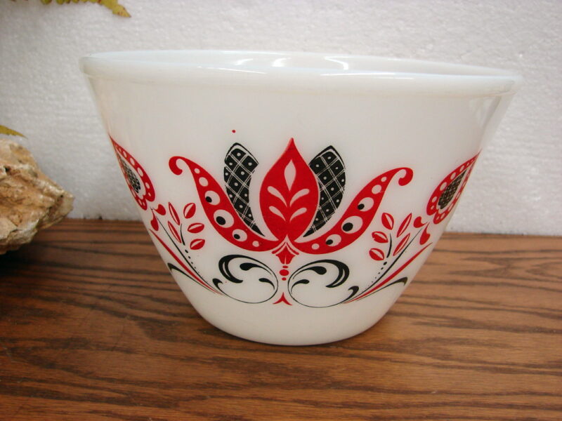 Vintage Fire King Milk Glass Red Black Modern Tulip 8 1/2&#8243; Tapered Mixing Bowl, Moose-R-Us.Com Log Cabin Decor