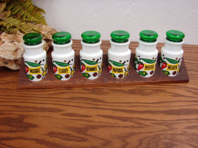 Vintage German Milk Glass Spice Rack Tray Complete Fruits Vegetables Wood Holder, Moose-R-Us.Com Log Cabin Decor