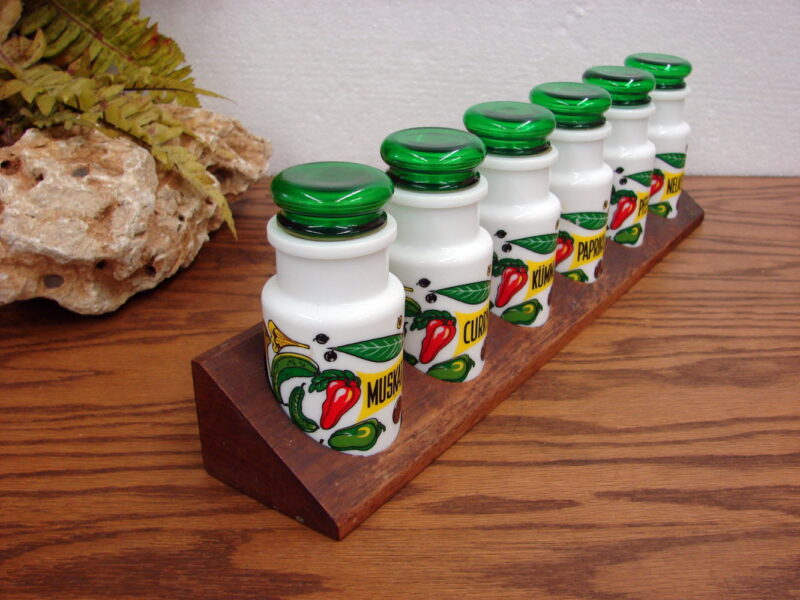 Vintage German Milk Glass Spice Rack Tray Complete Fruits Vegetables Wood Holder, Moose-R-Us.Com Log Cabin Decor