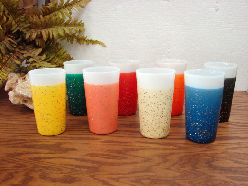 8 Vintage Glamalite MCM Atomic Glitter Fire King Milk Glass Glasses Set, Moose-R-Us.Com Log Cabin Decor