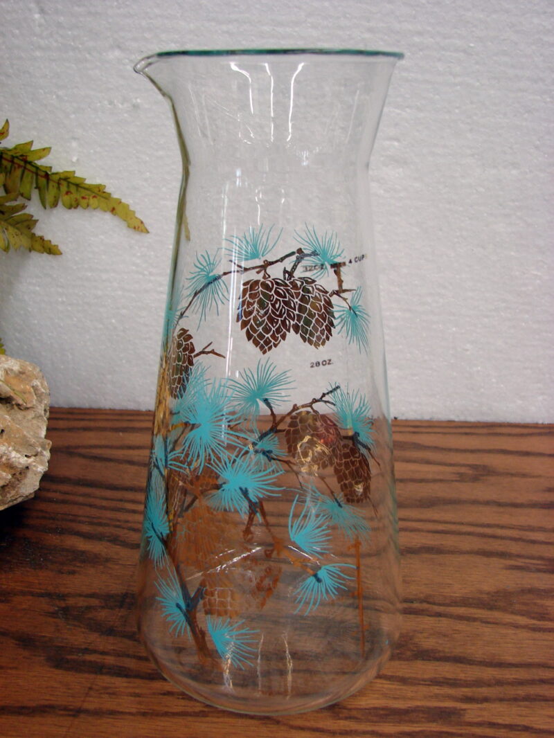 Vintage MCM Libbey Turquoise Pine Needles Gold Pinecone Glass Carafe 32 Oz, Moose-R-Us.Com Log Cabin Decor