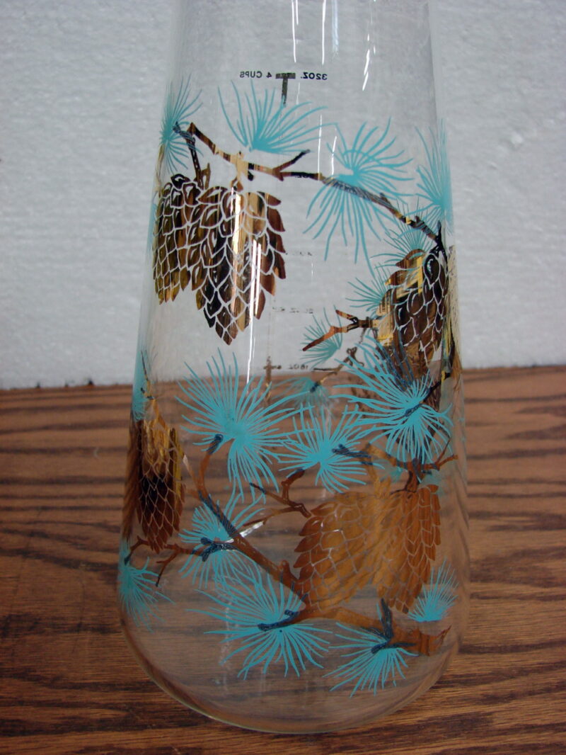 Vintage MCM Libbey Turquoise Pine Needles Gold Pinecone Glass Carafe 32 Oz, Moose-R-Us.Com Log Cabin Decor