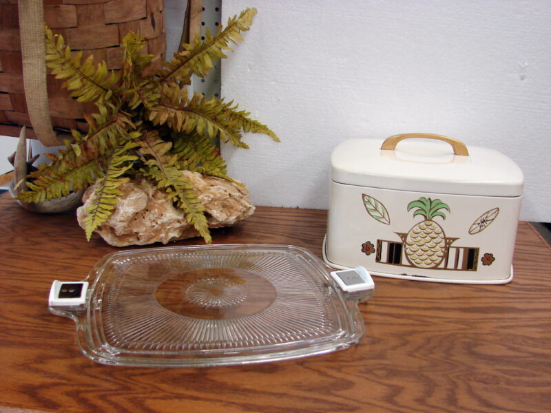 Vintage MCM Metal Pineapple Square Cake Cover with Glass Click Lock Base, Moose-R-Us.Com Log Cabin Decor