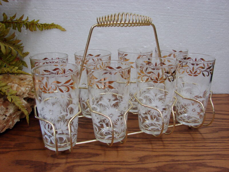 Vintage MCM 9 Pcs Hazel Atlas White Aster Gold Trim Tumbler Glasses w/ Carrier, Moose-R-Us.Com Log Cabin Decor