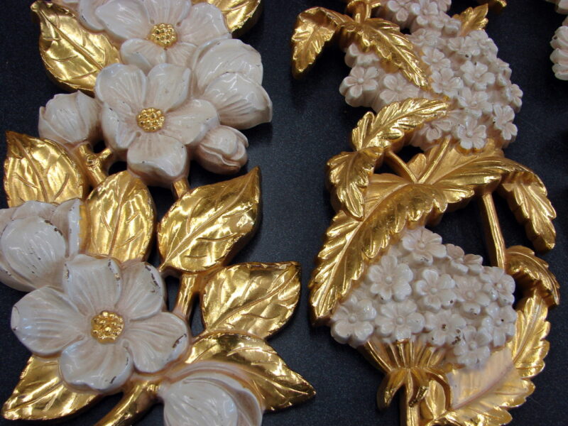 Vintage 1974 Homco Syroco Dogwood Apple Flower Wall Hanging Gold Cream Set/4, Moose-R-Us.Com Log Cabin Decor