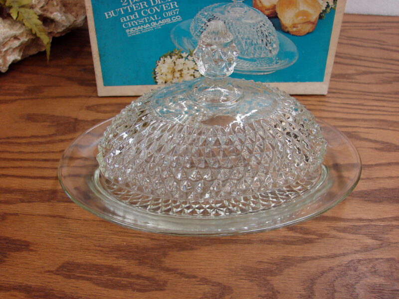 Vintage Indiana Glass Diamond Point 2 Piece Oval Butter Dish with Cover NIB, Moose-R-Us.Com Log Cabin Decor