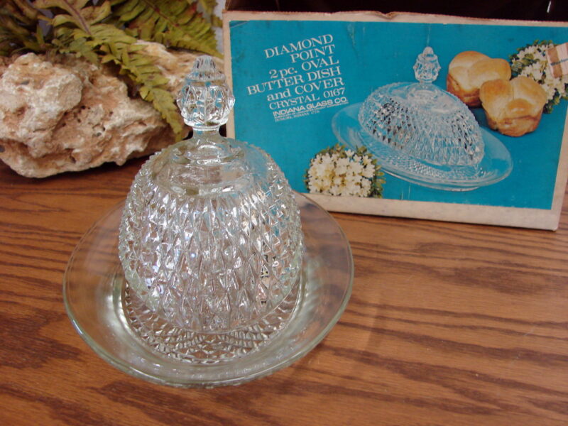 Vintage Indiana Glass Diamond Point 2 Piece Oval Butter Dish with Cover NIB, Moose-R-Us.Com Log Cabin Decor