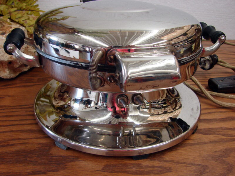 Vintage MCM Electric Waffle Maker Chrome Round Art Deco Pedestal Justrite Mpls, Moose-R-Us.Com Log Cabin Decor