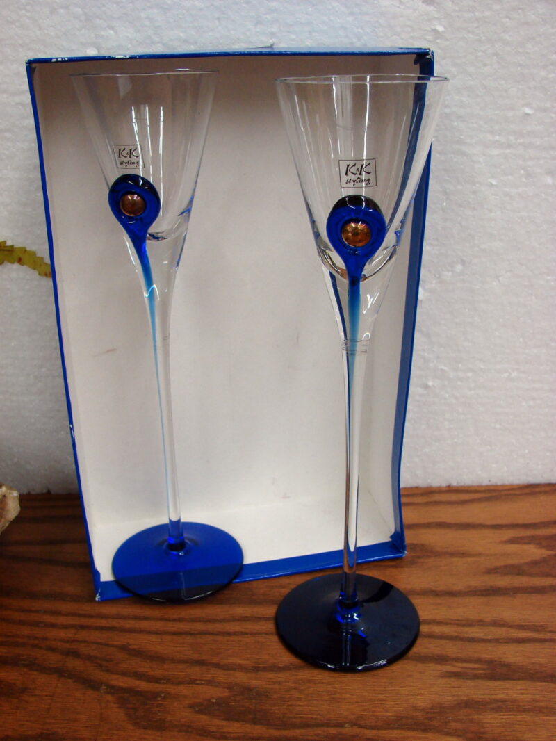 K&#038;K Styling Tiffany &#038; Co. Champaign Flute Cobalt Blue Copper Dot Pair, Moose-R-Us.Com Log Cabin Decor