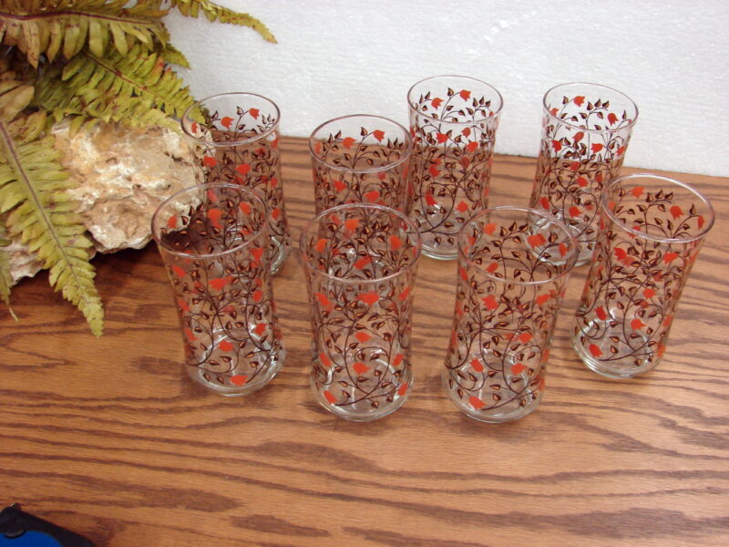 Vintage MCM Set/8 Tumblers Libbey Orange Tulip Branch Drinking Glasses, Moose-R-Us.Com Log Cabin Decor