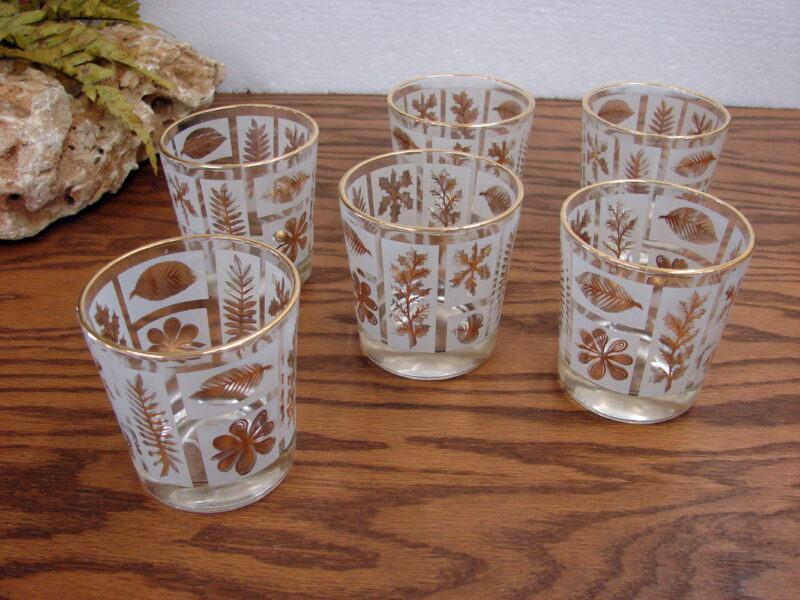 Vintage MCM Set/6 Gold Leaf On the Rocks Glasses Tumblers, Moose-R-Us.Com Log Cabin Decor