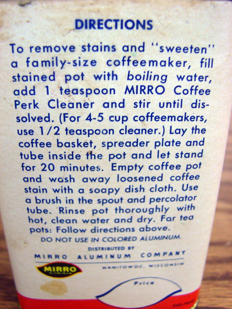 Vintage Mirro Coffee Pot Percolator Cleaner Powder Tin Aluminum Cleaning, Moose-R-Us.Com Log Cabin Decor