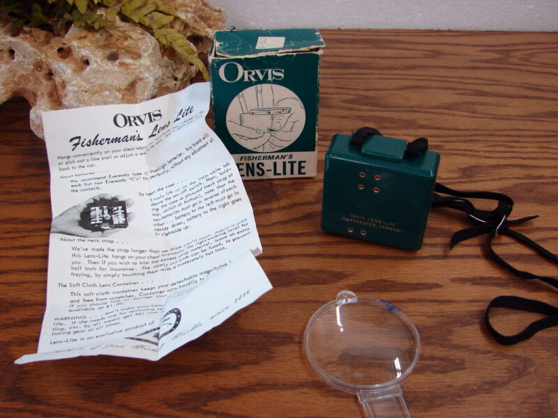 Vintage Orvis Fisherman&#8217;s Lens-Light Neck Strap Magnifying Lamp Night Fishing w/ Box, Moose-R-Us.Com Log Cabin Decor