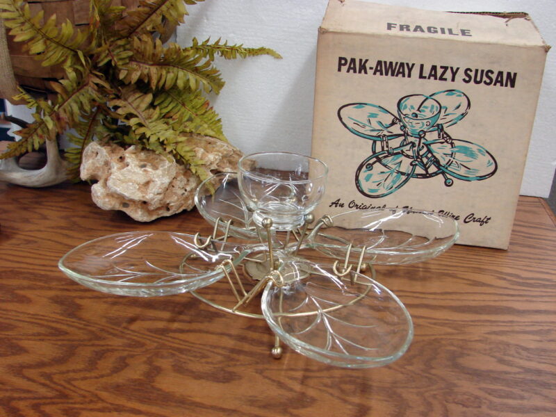 Vintage MCM Pak-Away Lazy Susan Rotating Appetizer Chip Dip Vegetable Tray w/ Box, Moose-R-Us.Com Log Cabin Decor