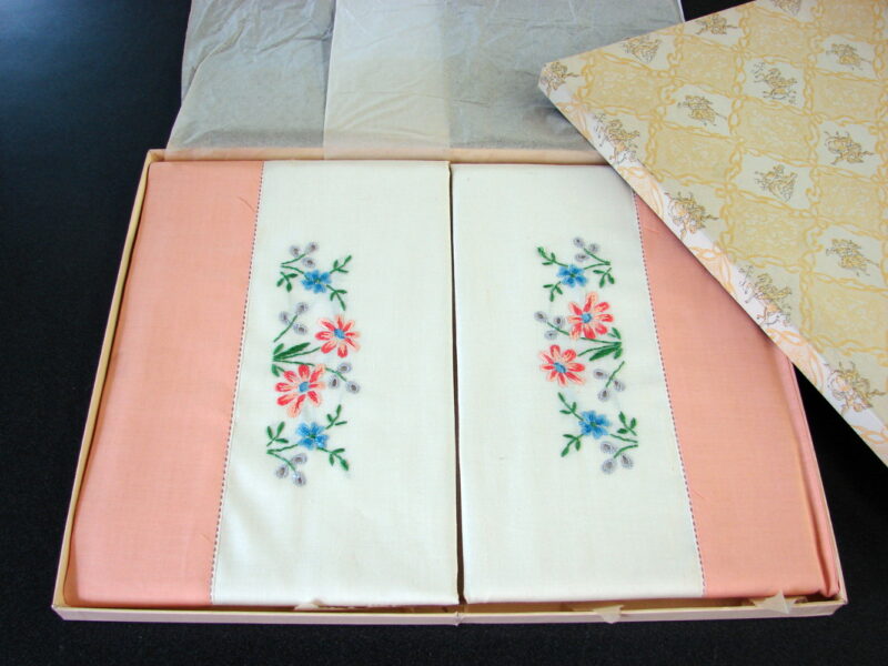 Vintage MCM Pillow Cases New in Box Wedding Present Embroidered Flowers, Moose-R-Us.Com Log Cabin Decor