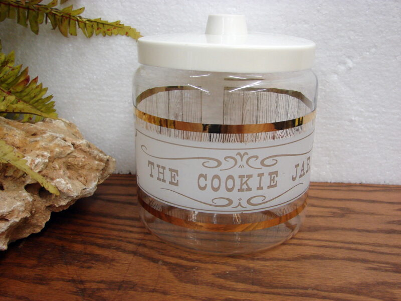 Set/2 Vintage PYREX Glass The Cookie Jar Cracker Barrel Gold Trim w/ Lid, Moose-R-Us.Com Log Cabin Decor