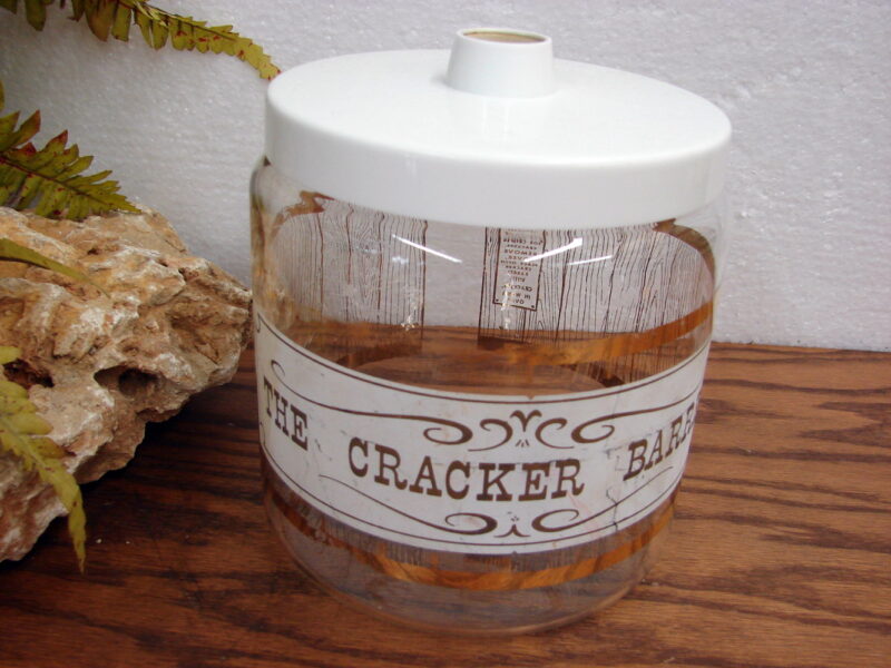 Set/2 Vintage PYREX Glass The Cookie Jar Cracker Barrel Gold Trim w/ Lid, Moose-R-Us.Com Log Cabin Decor