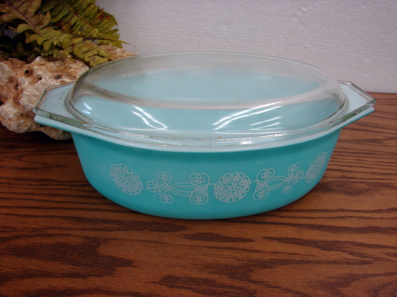 Vintage PYREX Turquoise Lace Medallion #045 Oval Casserole w/ Lid, Moose-R-Us.Com Log Cabin Decor