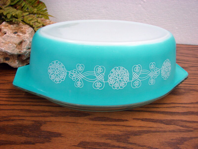 Vintage PYREX Turquoise Lace Medallion #045 Oval Casserole w/ Lid, Moose-R-Us.Com Log Cabin Decor