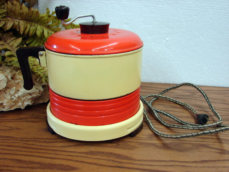 Vintage Orange Yellow Metal Rotary Electric Popcorn Popper w/ Burner, Moose-R-Us.Com Log Cabin Decor