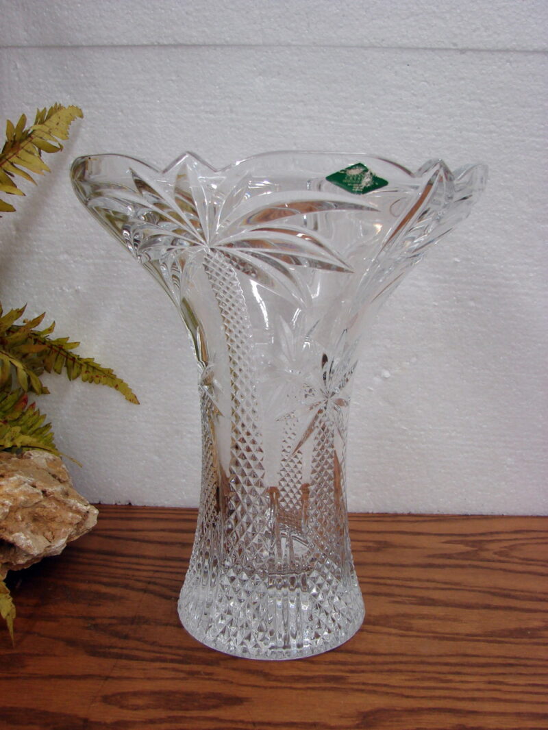 Vintage Slovakia Shannon Lead Crystal Peony Flower Vase Palm Tree 12 x 10&#8243;, Moose-R-Us.Com Log Cabin Decor