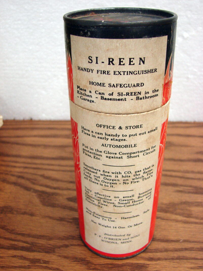 Antique Si-Reen Dry Chemical Powder Fire Extinguisher Cardboard Can, Moose-R-Us.Com Log Cabin Decor