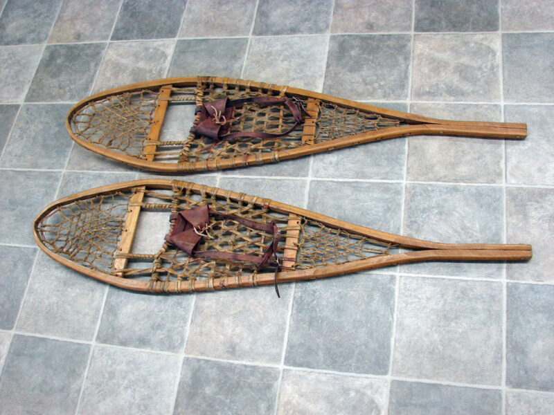 Vintage Rawhide Wood Snow Shoe Maine Huron Snowshoes Red Tone Leather Bindings, Moose-R-Us.Com Log Cabin Decor