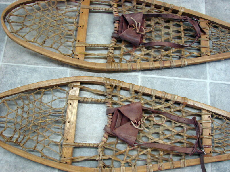 Vintage Rawhide Wood Snow Shoe Maine Huron Snowshoes Red Tone Leather Bindings, Moose-R-Us.Com Log Cabin Decor