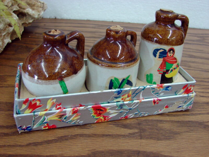 3 Antique Stoneware Mini Jug Different Shapes in Souvenir in Box, Moose-R-Us.Com Log Cabin Decor