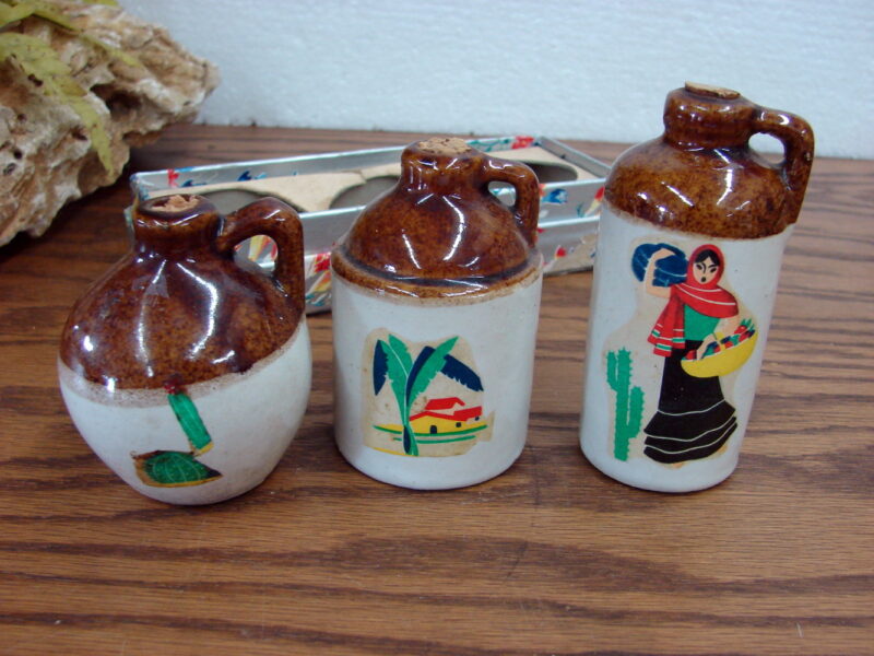 3 Antique Stoneware Mini Jug Different Shapes in Souvenir in Box, Moose-R-Us.Com Log Cabin Decor