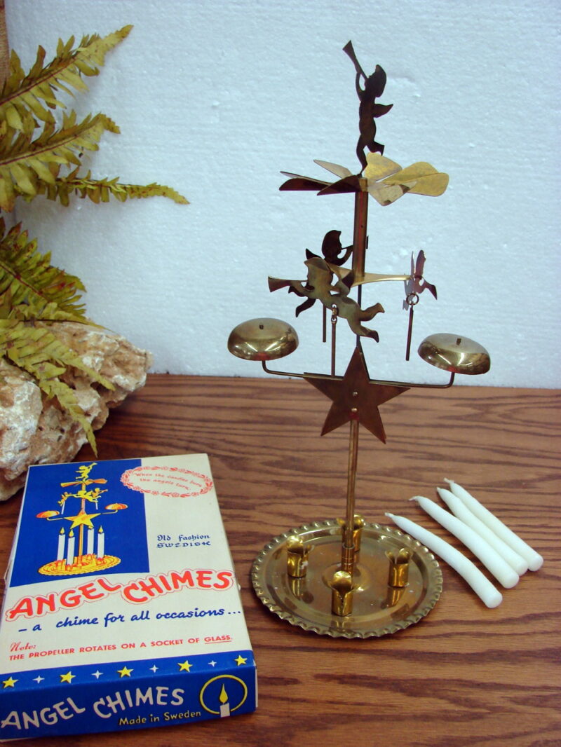 Vintage Brass Anglaspel Swedish Angel Chime New in Box Candle Heat Activated Chimes, Moose-R-Us.Com Log Cabin Decor