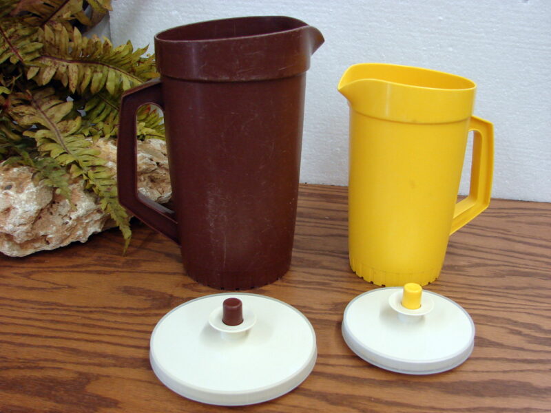 Vintage Tupperware Pitcher w/ Push Button Lid Brown Gold Blue Tree, Moose-R-Us.Com Log Cabin Decor