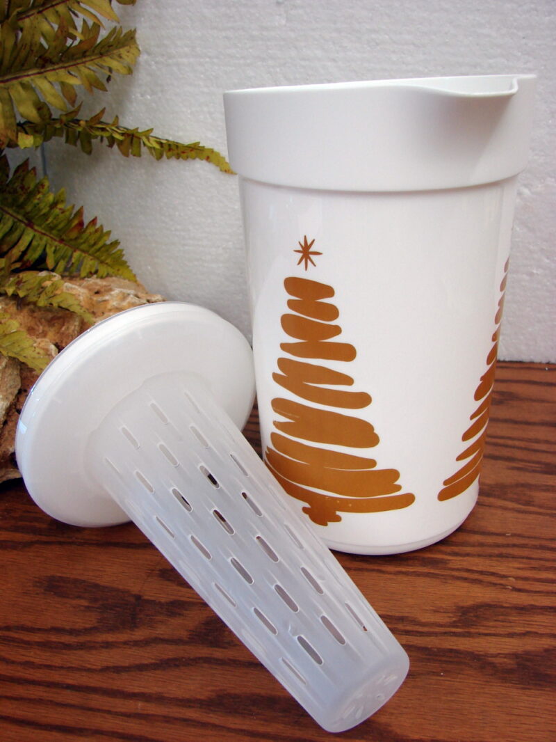 Vintage Tupperware Pitcher w/ Push Button Lid Brown Gold Blue Tree, Moose-R-Us.Com Log Cabin Decor