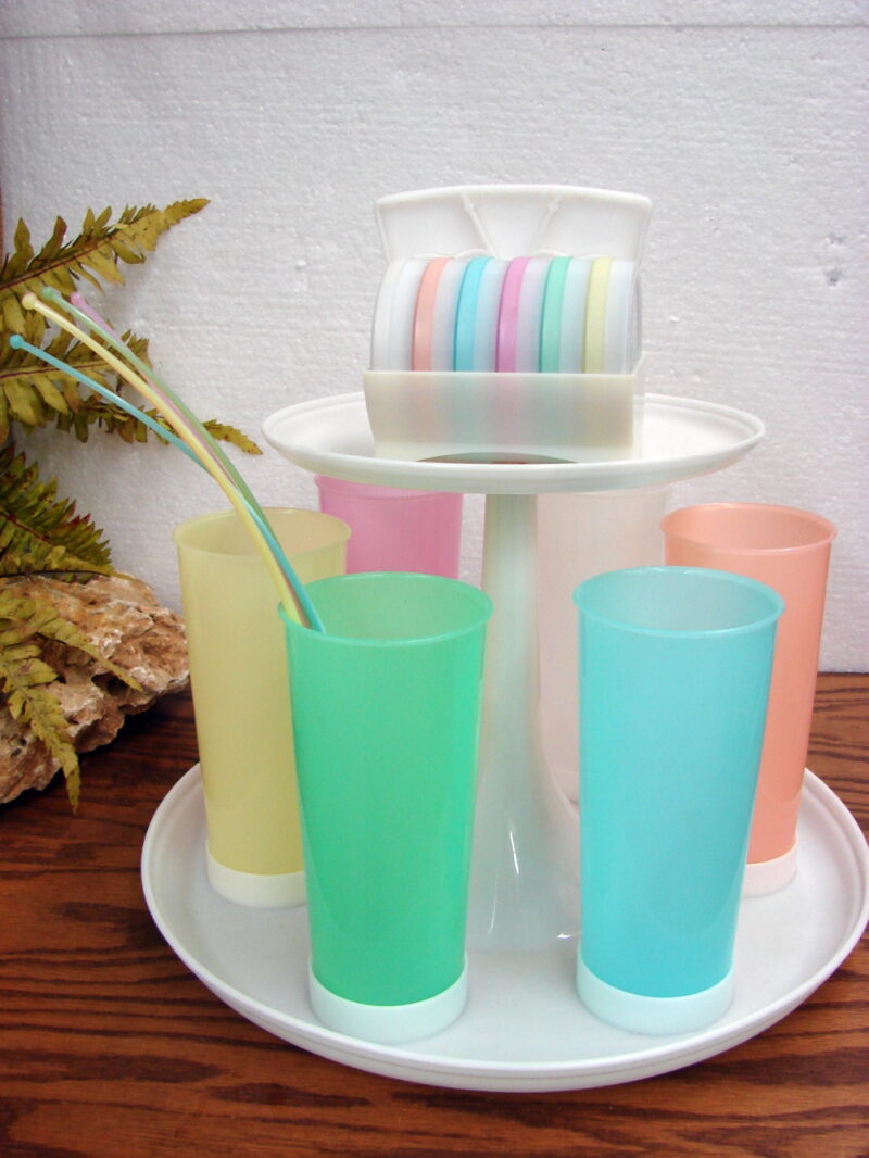 Vintage Tupperware Ice Tea Lemon aid Carousel Caddy Glasses Stirrers Coasters, Moose-R-Us.Com Log Cabin Decor
