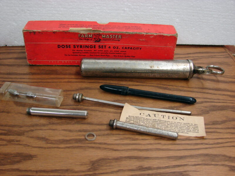 Vintage Farm Master Ideal Vet Tools Syringe Dose Misc, Moose-R-Us.Com Log Cabin Decor