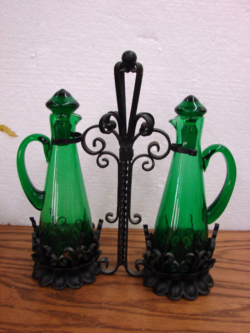 Vintage MCM Italian Mexican Oil Vinegar Set Forest Green Blown Glass Wrought Iron, Moose-R-Us.Com Log Cabin Decor