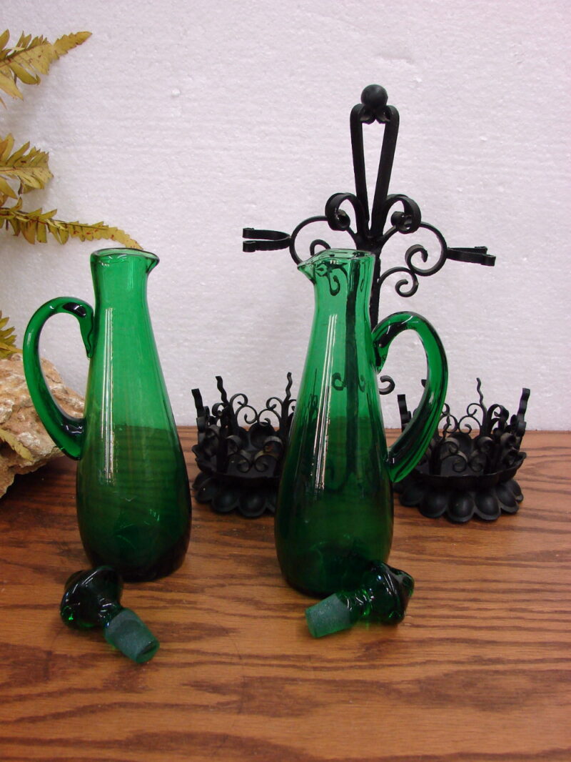 Vintage MCM Italian Mexican Oil Vinegar Set Forest Green Blown Glass Wrought Iron, Moose-R-Us.Com Log Cabin Decor